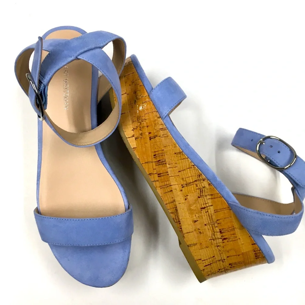 Stuart Weitzman Suede Leather Ankle Strap Platform Sandals 7 Light Blue Spring
